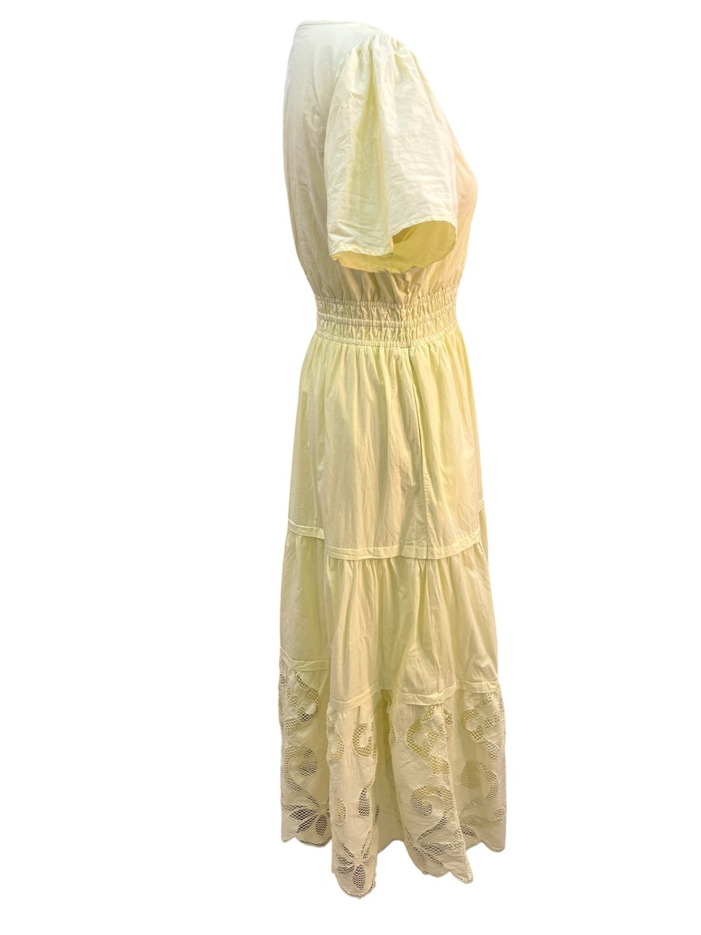 Haute Hippie Style Yellow Cotton Midi Dress Eyelet Hem Smocked Waist M - Picture 5 of 14